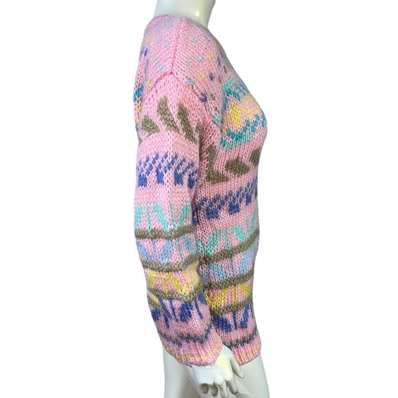 Vintage 1980s Simsbury Pastel Fair Isle Style Sweater Pink Multi Striped - Small - Picture 5 of 8